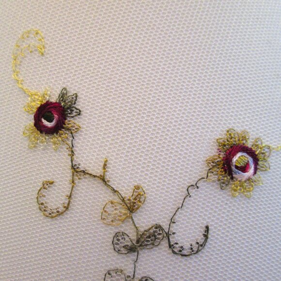 Vtg Off White Large Hurricane lampshade pair of delicate red flowers & green vin - Picture 9 of 16